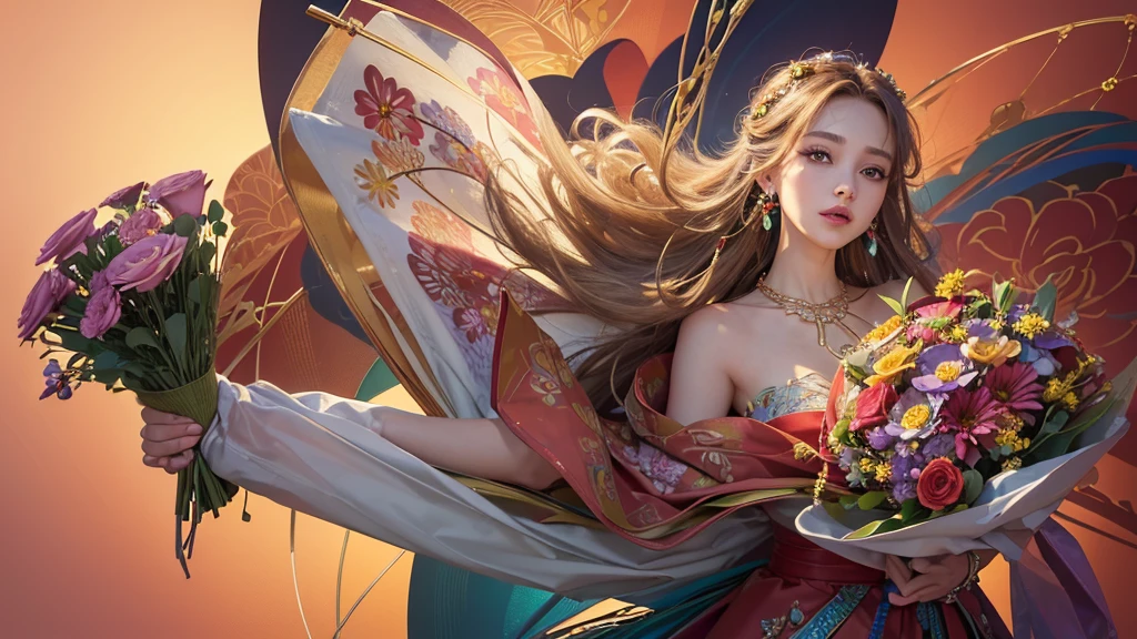 32K, 最高quality, 最高masterpiece, (ultra-Detailed Background, Detailed Background), High resolution, Super detailed, Very detailedな, One girl, (bouquet:1.3), (Tangled:1.2), (Geometric:1.2),(colorful),(masterpiece, quality, best quality, Official Art, Beautiful and beautiful:1.2), (1 girl:1.3), Very detailed,(colorful:1.1)(Flowers:1.3),Most detailed,(Tangled:1.2), whole body, (Abstract background:1.3), (Skin glows), (Many colors:1.4), ,(Earrings Jewelry:1.5), Pale Red Background,