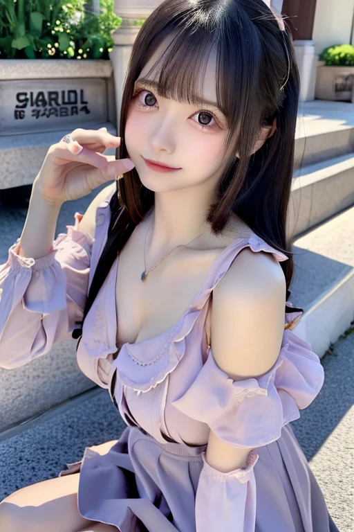 2girls,(((Normal finger、Normal hand、Normal foot))),(((Small breasts))),(((jirai kei fashion)))、((Ruffle Off Shoulder)),(((Mini Ruffle Skirt)))、(())Highest quality、High resolution、超High resolution（Real：1.4）、(School:1.3)、18-year-old、Japanese women、Small breasts、(looking at the camera)、Cute round face、smile、((Shiny gray hair))、looking at the camera、Sparkling eyes、Lips shining with lip gloss、Natural light、((Breasts and nipples visible through the gaps in her clothes)）、(slim、small、Flat、small)、thin、Delicate and sexy collarbone、、(beautiful girl、Delicate girl:1.3)、(16 years old:1.3)、Very beautiful eyes、(Symmetrical eyes:1、Brown eyes、Parted bangs、(Eye and facial details:1.0) )、Real実写、Photogenic transparency、Detailed eyes、Gradation、Perfect anatomical figure、Woman with perfect body、Highly detailed skin、Highly detailed face、Beautiful eyes in every detail、Background Blur、cutepose、