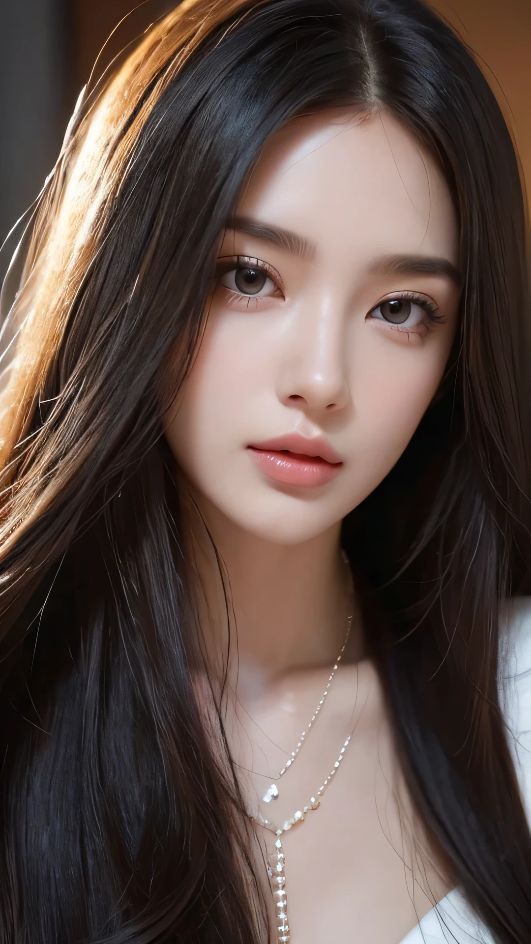 a close up of a woman with long hair and a necklace, gorgeous attractive face, attractive female face!!!, very very very beautifull face, attractive beautiful face, extremely beautiful face, very beautiful face, beautiful eyes and face, perfect face and eyes, feminine beautiful face, perfect face ), gorgeous face, beautiful face!!, beautiful shape of face and body, beautiful delicate face