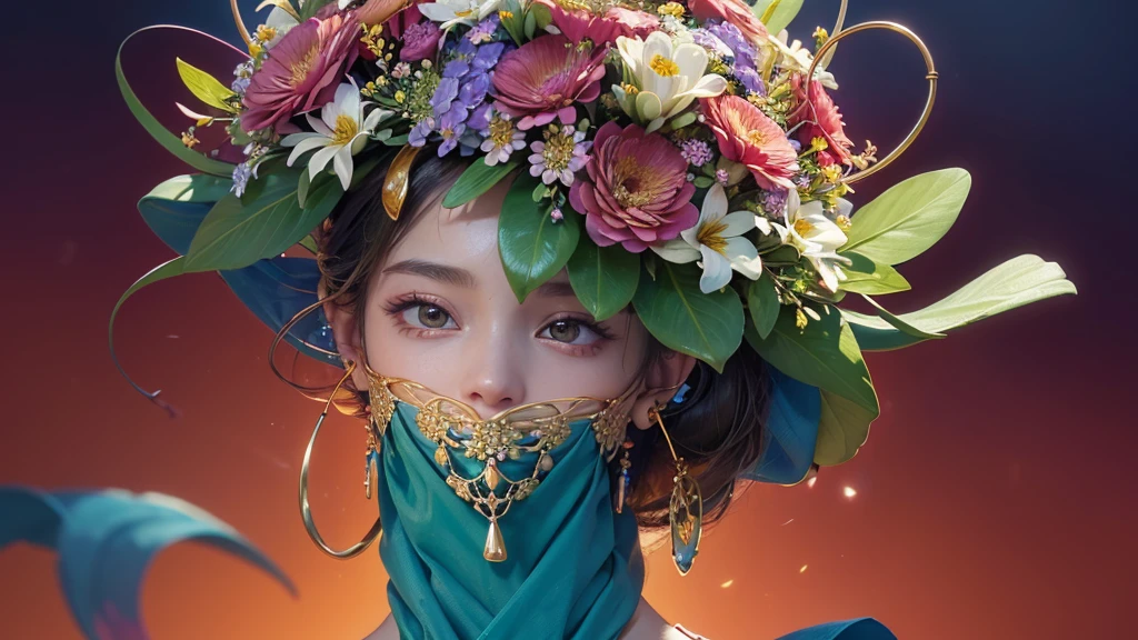 32K, 最高quality, 最高masterpiece, (ultra-Detailed Background, Detailed Background), High resolution, Super detailed, Very detailedな, One girl, (bouquet:1.3), (Tangled:1.2), (Geometric:1.2),(colorful),(masterpiece, quality, best quality, Official Art, Beautiful and beautiful:1.2), (1 girl:1.3), Very detailed,(colorful:1.1)(Flowers:1.3),Most detailed,(Tangled:1.2), whole body, (Abstract background:1.3), (Skin glows), (Many colors:1.4), ,(Earrings Jewelry:1.5), Pale Red Background,