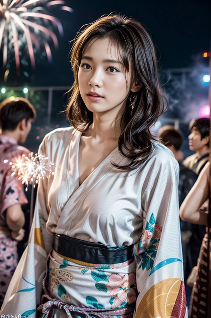 ((Photorealistic:1.5, tabletop:1.5, 8K, RAW shooting)), (Highest quality, masterpiece, ultra-high resolution), Mysterious portrait, Perfect dynamic composition, Professional camerawork, Extremely detailed skin and face texture:1.3, Growth light effect, Ultra-detailed, One girl, (At a festival venue, Full moon night:1.3, Fireworks filling the screen:1.3), (Colorful yukata), (Shooting with blur:1.4, Fogging the lens:1.4), Model figure, Beautiful and clear face, (Eyes that convey beautiful eros:0.9, Enchanted expression:1.0, "I love you from the bottom of my heart":0.8, Slightly open mouth, Lips that convey beautiful eros:0.7), (Dark brown medium hair, Hair blowing in the wind), Medium chest, Necklace, (Tilting, Rising), ((Attraction))