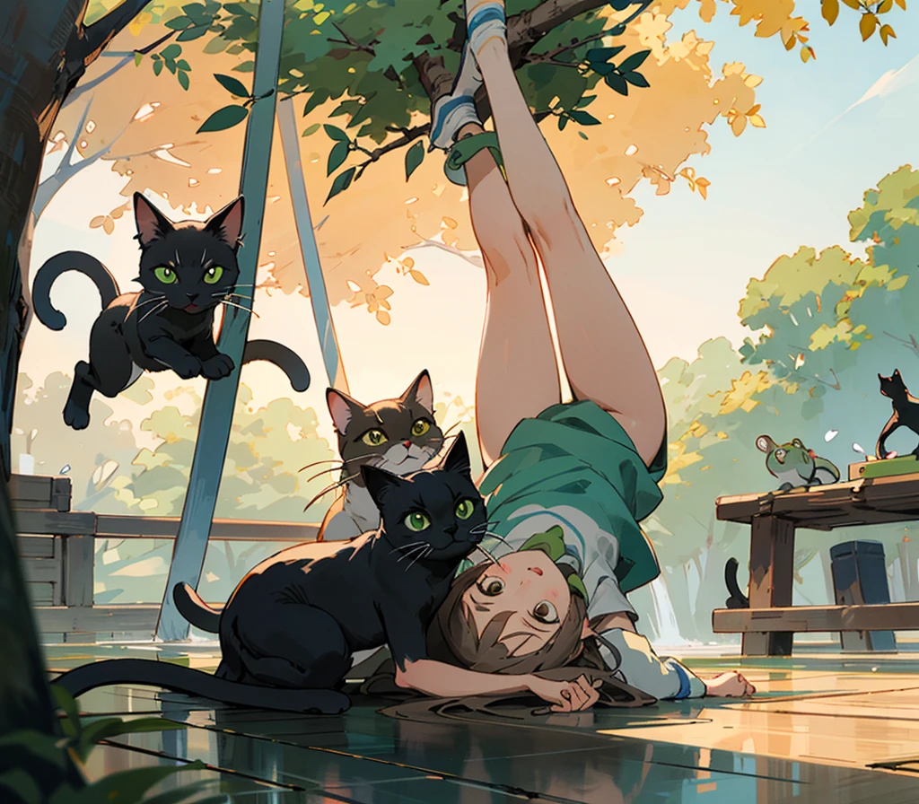 The image shows three cats in a natural outdoor environment, with foliage and trees in the background.
Cat on the left: It is white with brown and black markings, is on the floor looking up.
Cat in the middle: It is black with white legs and is hanging upside down from a tree branch., as if I had just jumped.
Cat on the right: It has a mix of light brown and cream colors, is also on the floor looking at the black cat. This cat has a little green frog on its head.
Soft lighting suggests it could be dawn or dusk.