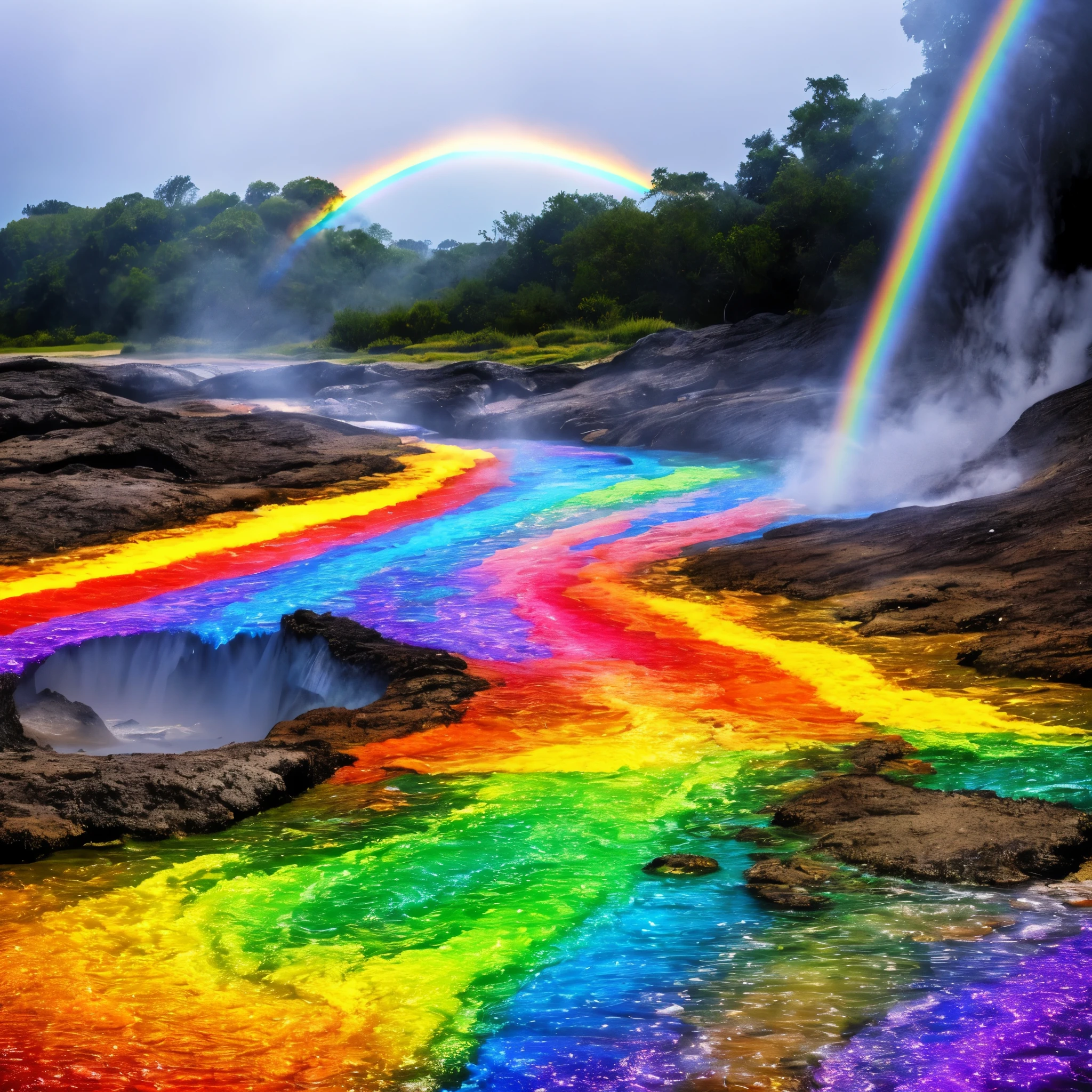 arafly colored water in a stream with steam rising from it, mystical colors, bubbling geysers, xray melting colors!!, geysers of steam, ethereal rainbows, amazing color photograph, rainbow, rainbow reflections, a colorful, beautiful and mysterious, mystic colors, muted but vibrant colors, magical colors and atmosphere, breathtaking colors, water colors