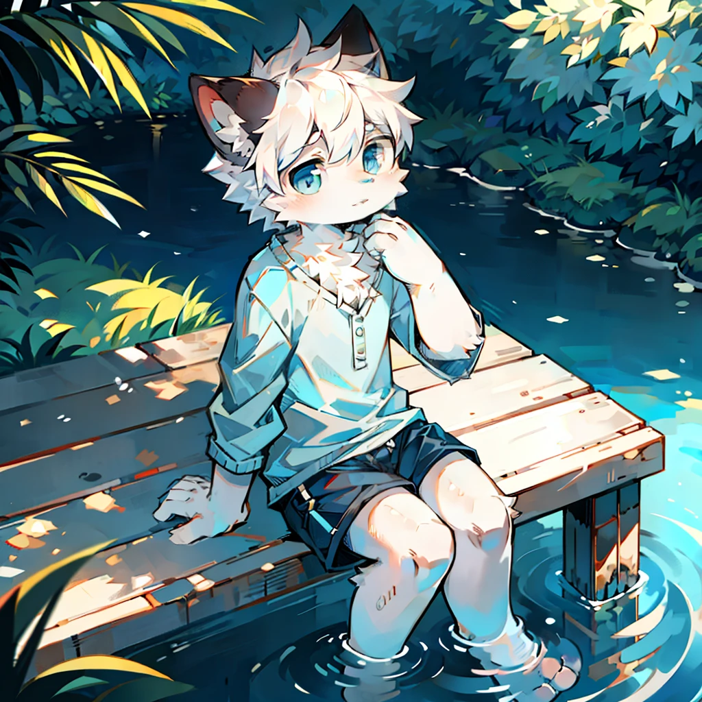 furry, cat boy,(White hair),(Dark gray skin),blue eyes,sitting on the bank of the river,(Soak in water),((Wear short white socks)),Light blue pajamas and shorts,Bright background,The only person,high quality