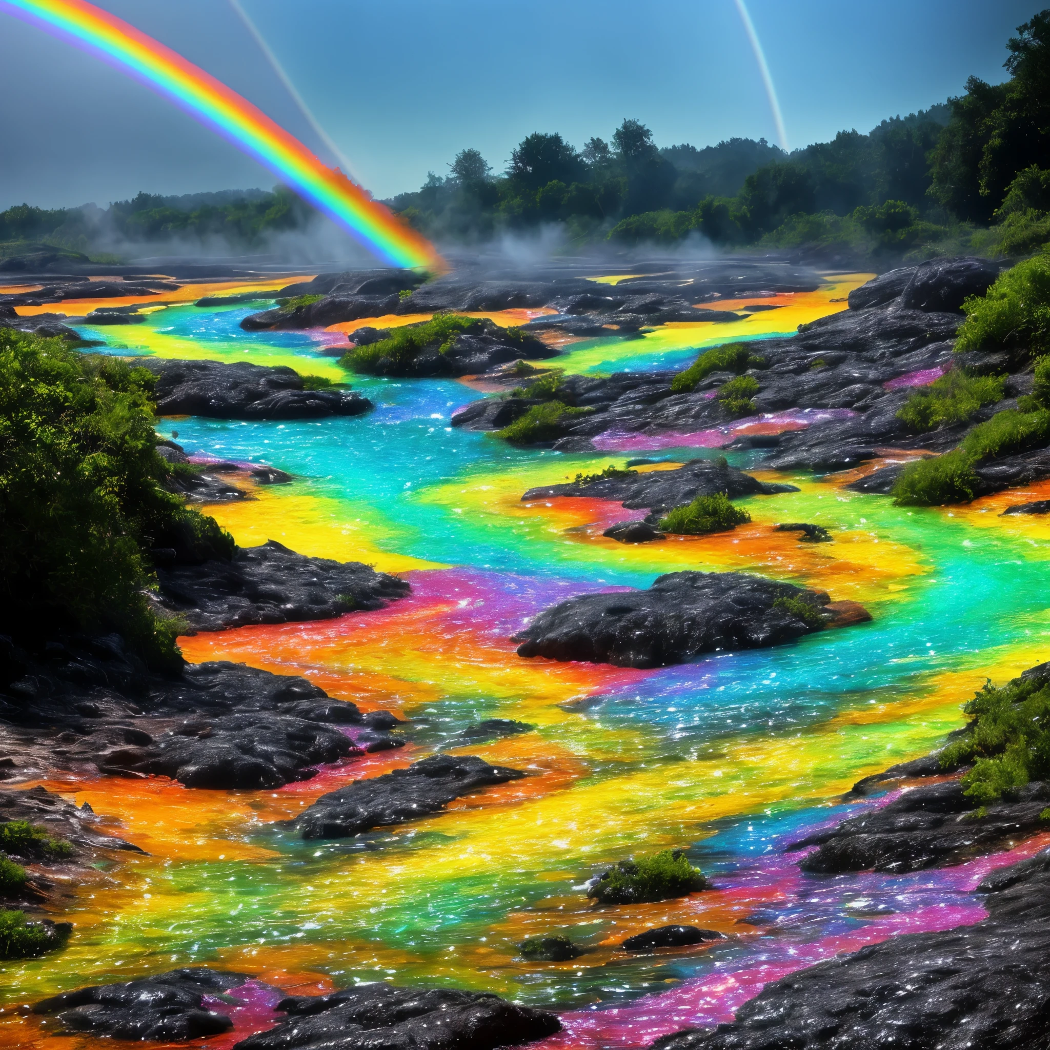 arafly colored water in a stream with steam rising from it, mystical colors, bubbling geysers, xray melting colors!!, geysers of steam, ethereal rainbows, amazing color photograph, rainbow, rainbow reflections, a colorful, beautiful and mysterious, mystic colors, muted but vibrant colors, magical colors and atmosphere, breathtaking colors, water colors
