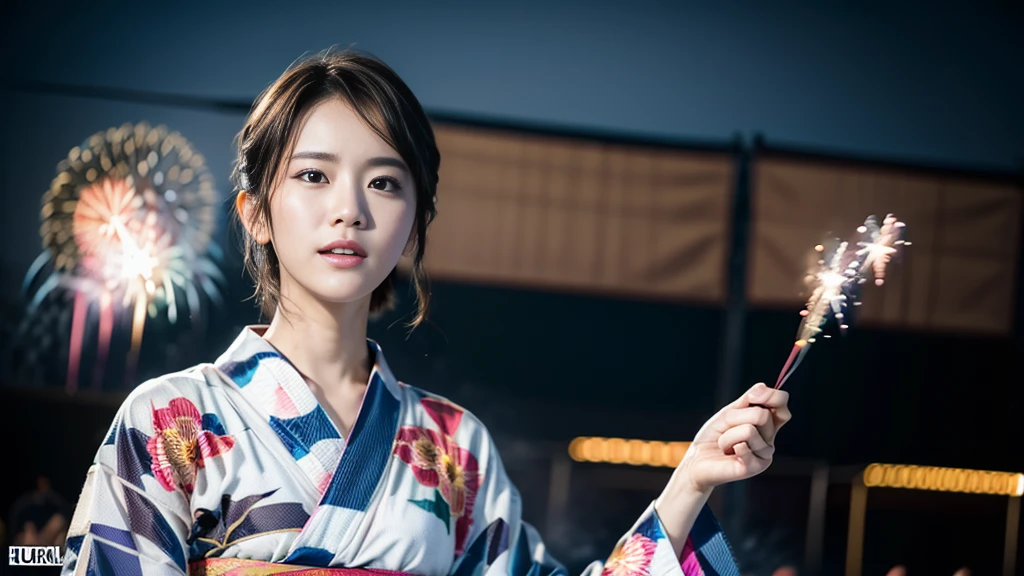 ((Photorealistic:1.5, tabletop:1.5, 8K, RAW shooting)), (Highest quality, masterpiece, ultra-high resolution), Mysterious portrait, Perfect dynamic composition, Professional camerawork, Extremely detailed skin and face texture:1.3, Growth light effect, Ultra-detailed, One girl, (At a festival venue, Full moon night:1.3, Fireworks filling the screen:1.3), (Colorful yukata), (Shooting with blur:1.4, Fogging the lens:1.4), Model figure, Beautiful and clear face, (Eyes that convey beautiful eros:0.9, Enchanted expression:1.0, "I love you from the bottom of my heart":0.8, Slightly open mouth, Lips that convey beautiful eros:0.7), (Dark brown medium hair, Hair blowing in the wind), Medium chest, Necklace, (Tilting, Rising), ((Attraction))