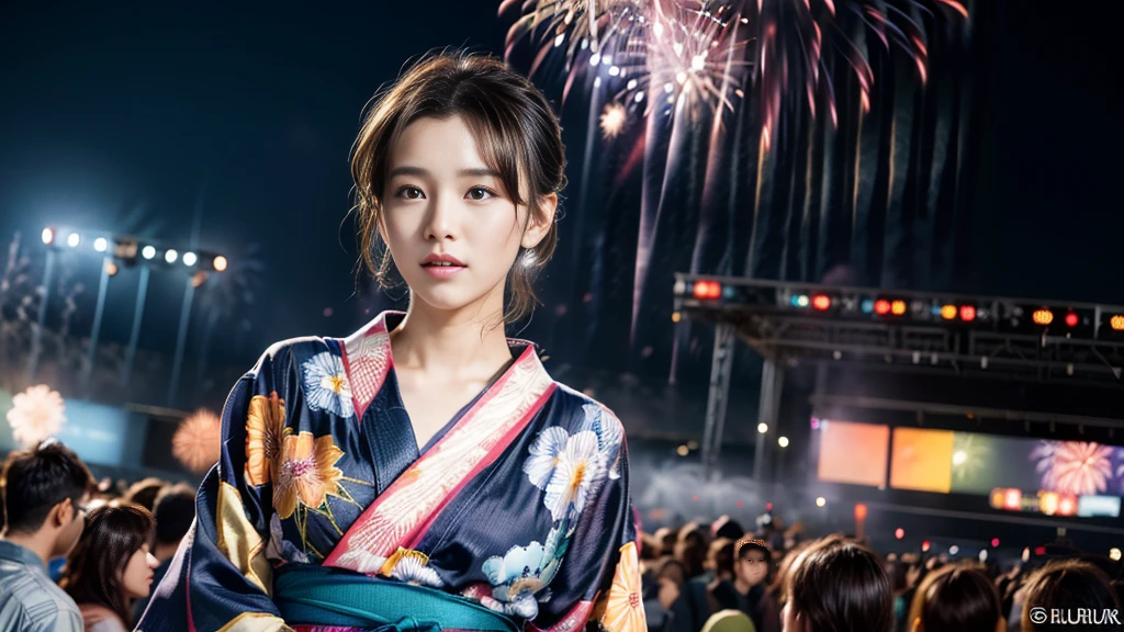 ((Photorealistic:1.5, tabletop:1.5, 8K, RAW shooting)), (Highest quality, masterpiece, ultra-high resolution), Mysterious portrait, Perfect dynamic composition, Professional camerawork, Extremely detailed skin and face texture:1.3, Growth light effect, Ultra-detailed, One girl, (At a festival venue, Full moon night:1.3, Fireworks filling the screen:1.3), (Colorful yukata), (Shooting with blur:1.4, Fogging the lens:1.4), Model figure, Beautiful and clear face, (Eyes that convey beautiful eros:0.9, Enchanted expression:1.0, "I love you from the bottom of my heart":0.8, Slightly open mouth, Lips that convey beautiful eros:0.7), (Dark brown medium hair, Hair blowing in the wind), Medium chest, Necklace, (Tilting, Rising), ((Attraction))