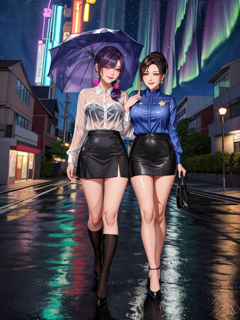 office lady, high resolution, Masterpiece, Anatomically correct, Highly detailed, realistic textures, blushing, dark purple hair, , big breasts, BIG ASS, woman is walking on street, night sky, aurora and stars background, deep blue shirt, black short skirt, full body, pink lips, sexy lady, rain, shadow on the road, light on electricity post, Wet shirt, diamond eyes, wear black stocking, long hair, realistic textures, high resolutionสุด, very detailed, quality, ตาสีฟ้า, ยิ้ม, รอยยิ้มบางๆ, ปัดแก้มอ่อนๆ, จ้องมอง, tie hair up, diamond eyes, มองที่ผู้ชม, โบว์ติดผม, close-fiting
