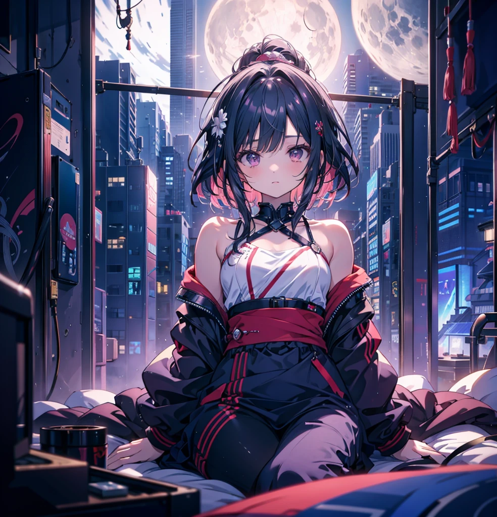 (masterpiece,Highest quality, Very detailed, beautiful, Exquisite, 16K, Full HD),girl1人, 90s anime style, night, Studio Room, moon, girl, late night room, Listening to music alone, City Pop, low quality, Lo-Fi, Chill, late night, Single room, Dark Room, futuristic night view outside the window, Dark Room