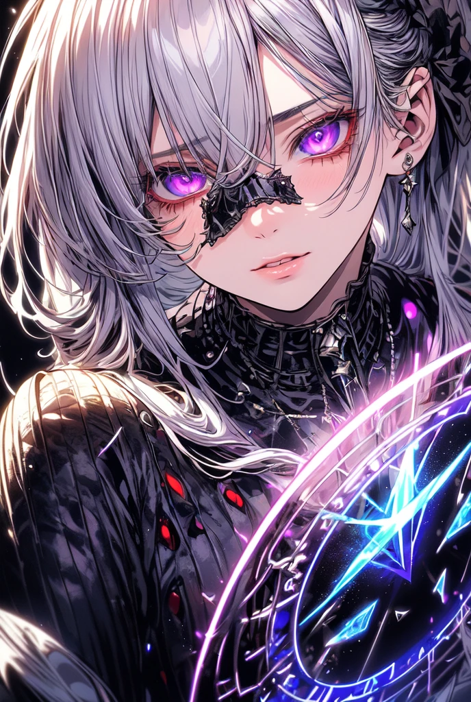 (masterpiece, best quality, ultra-detailed, best shadow), (detailed background,dark fantasy), (handsome detailed face), high contrast, (best illumination, an extremely delicate and beautiful), ((cinematic light)), colorful, hyper detail, dramatic light, intricate details, (1male, solo,white hair, sharp face,purple eyes, hair between eyes,dynamic angle), blood splatter, swirling black light around the character, depth of field,black light particles,(broken glass),magic circle,