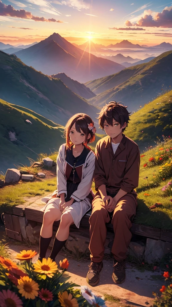 a beautiful mountain, a boy and girl sitting on the mountain watching the sunset, mountains, flowers, sunset, sunny, couple, short clothes, moody color, anime style,