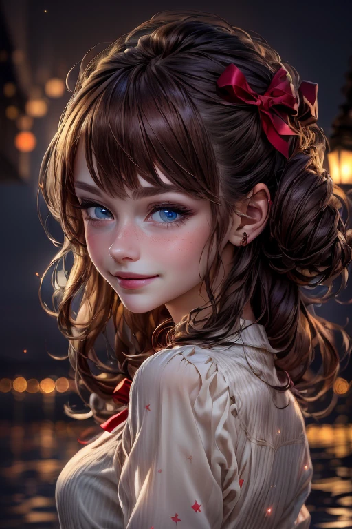 (extremely delicate and beautiful:1.2),1girl, bangs, blue eyes, blurry, blurry background, bow, brown hair, closed mouth, from side, hair between eyes, hair bow, lantern, light particles, long sleeves, looking at viewer, medium hair, night, red bow, solo, star \(symbol\), upper body,smile,red lips