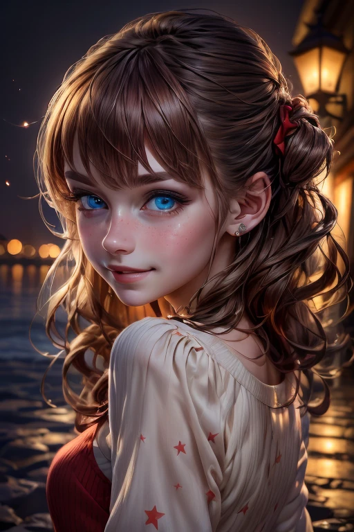 (extremely delicate and beautiful:1.2),1girl, bangs, blue eyes, blurry, blurry background, bow, brown hair, closed mouth, from side, hair between eyes, hair bow, lantern, light particles, long sleeves, looking at viewer, medium hair, night, red bow, solo, star \(symbol\), upper body,smile,red lips