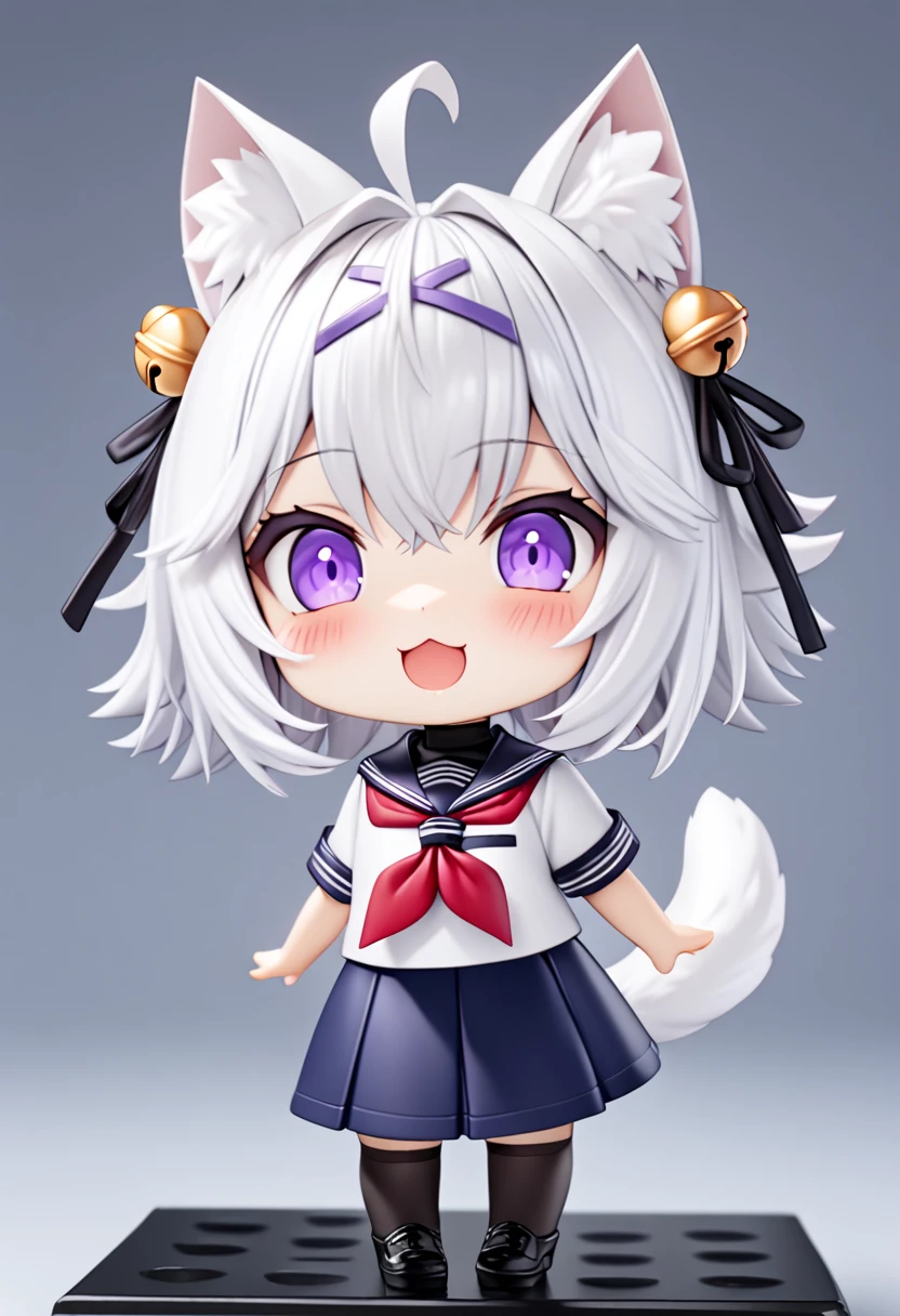 master piece, best quality, ultra-detailed, illustration, 1girl, solo, chibi, (big head), cute pose, front view, looking at viewer. Filiansailor, ((purple hairclip)), hair bell white hair, short hair, cat ears, ahoge, purple eyes, blush, laughing, fluffy tail, serafuku, black turtleneck, short sleeve, red neckerchief, blue skirt, black stockings, black shoes, nendoroid, ((simple background)), 