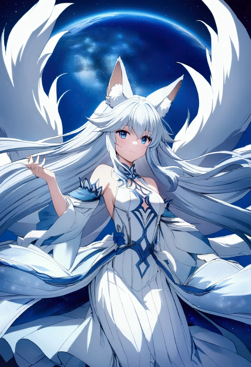 Mystic Fox girl Blue white hair fox ears anime 2.5d graphics silver world of night sky blue background mountain dress blue and white Ninetails