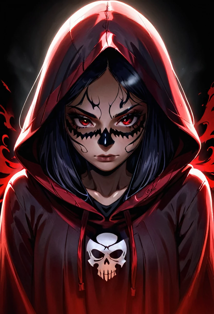 (highres:1.2),half-naked woman,wearing a black flag as a cloak,hooded face with intense mystery,skull designs etched all over her exposed skin,revealing only half of her face,subtle lighting creates a low-key atmosphere,dark eyes with a reddish reflection,adding to the enigmatic aura.