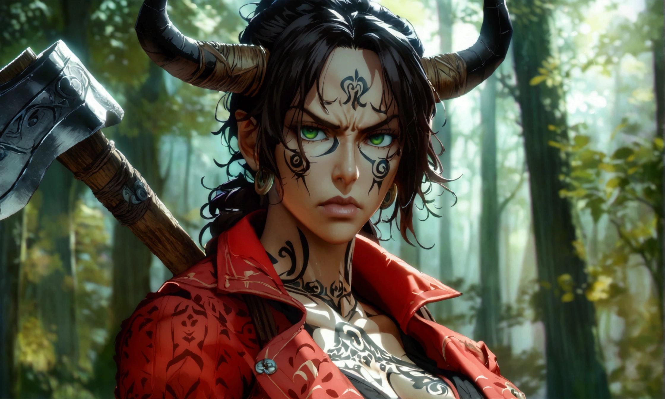 Mature black woman, strong and large, serious, mature face, angry expression, medium brown hair, green eyes, red jacket with axe ornaments, black horns, tribal tattoos, black blouse, holding an axe, forest background, "Anime character design inspired by One Piece, full of dramatic and impressive lighting, focus on the centralized character, impressive face, full of creative details, ultra-fine 4K design, scenery bathed in creativity, boasting 2D anime resolution clarity, HD anime graphics, high-octane rendering"