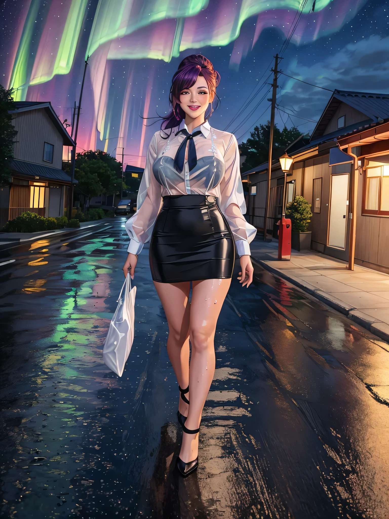 office lady, high resolution, Masterpiece, Anatomically correct, Highly detailed, realistic textures, blushing, dark purple hair, , big breasts, BIG ASS, woman is walking on street, night sky, aurora and stars background, deep blue shirt, black short skirt, full body, pink lips, sexy lady, rain, shadow on the road, light on electricity post, Wet shirt, diamond eyes, wear black stocking, long hair, realistic textures, high resolutionสุด, very detailed, quality, ตาสีฟ้า, ยิ้ม, รอยยิ้มบางๆ, ปัดแก้มอ่อนๆ, จ้องมอง, tie hair up, diamond eyes, มองที่ผู้ชม, โบว์ติดผม, close-fiting