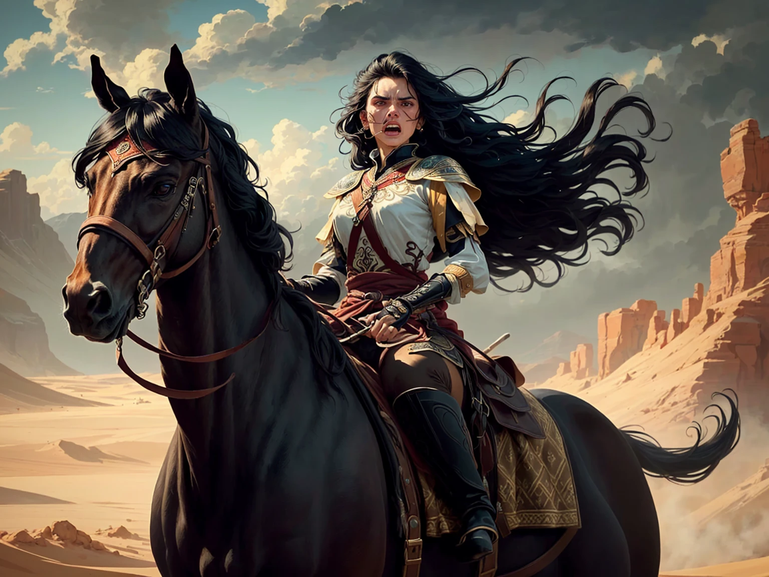 ((best quality)), ((masterpiece)), (detailed), A digital illustration of an injured long black haired woman riding a horse in the desert with a furious expression on her face, dressed in traditional warrior attire with long black hair flowing in the wind. the background is dark and stormy