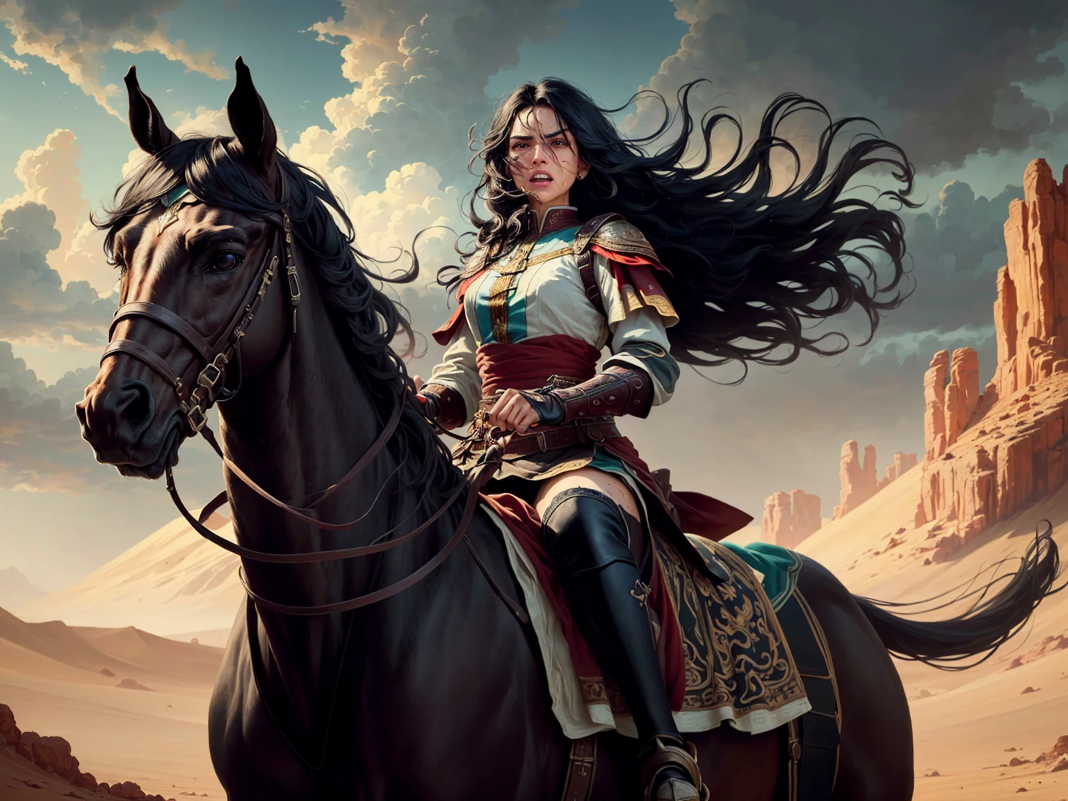 ((best quality)), ((masterpiece)), (detailed), A digital illustration of an injured long black haired woman riding a horse in the desert with a furious expression on her face, dressed in traditional warrior attire with long black hair flowing in the wind. the background is dark and stormy