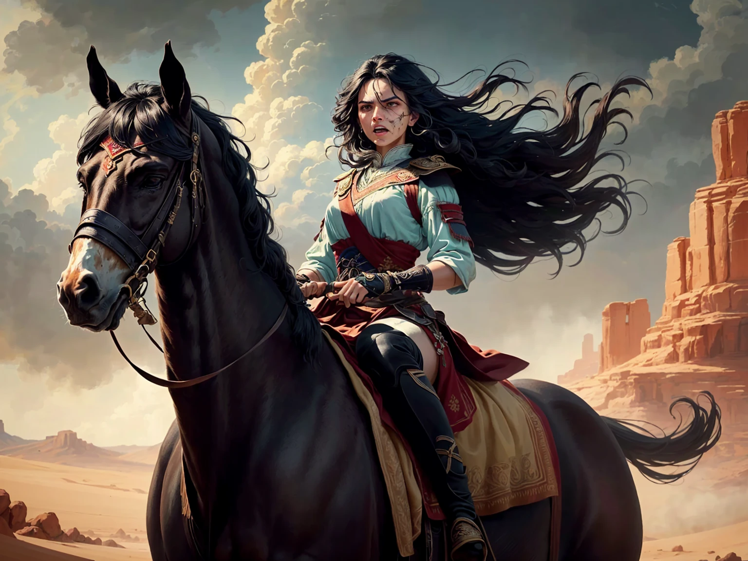 ((best quality)), ((masterpiece)), (detailed), A digital illustration of an injured long black haired woman riding a horse in the desert with a furious expression on her face, dressed in traditional warrior attire with long black hair flowing in the wind. the background is dark and stormy