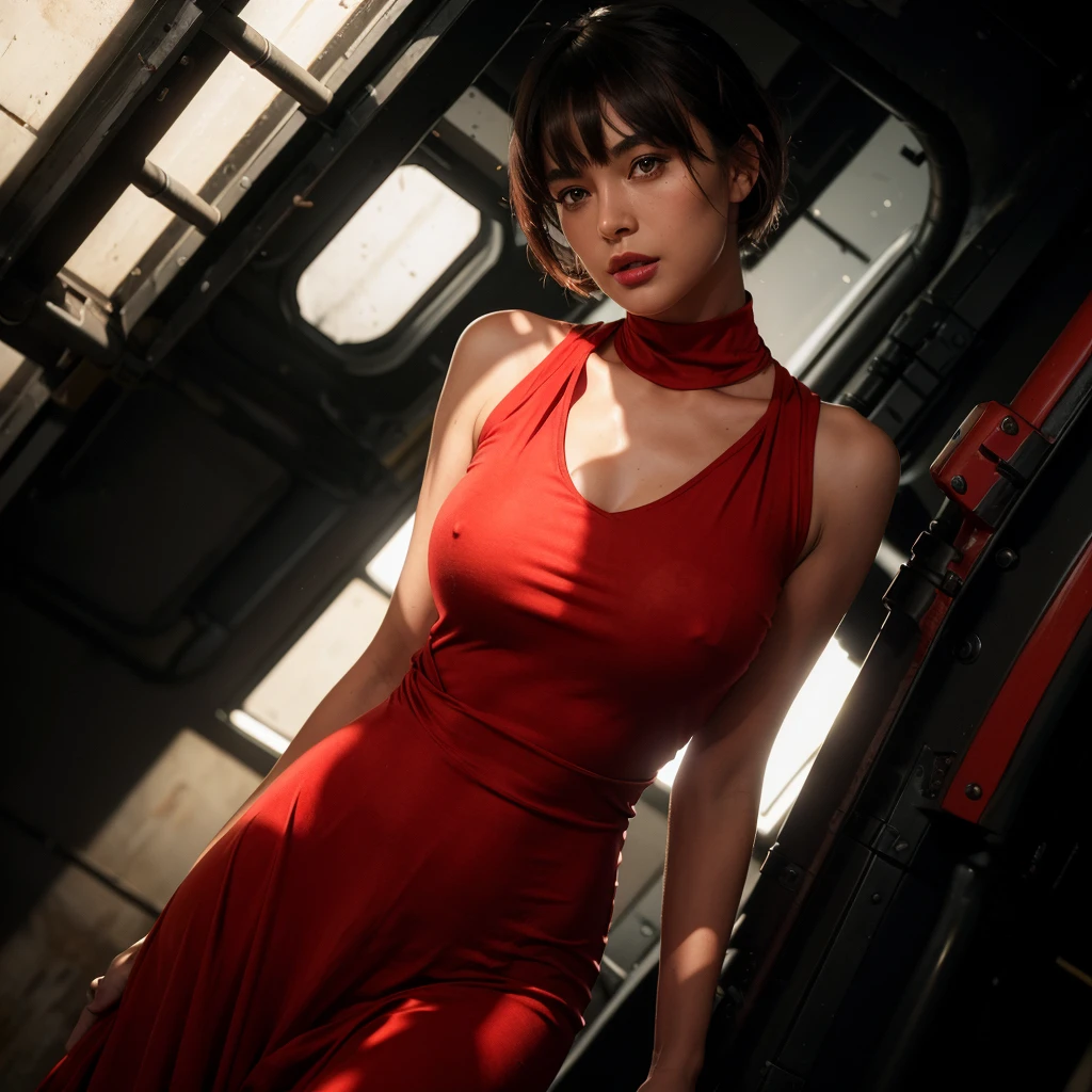 (full-length shot:1.5), (Best quality:1.5), 23y, 1girl, indonesian, (big breast), (red maxi dress), (cute face:1.4), wavy short hair blowing in the wind, (bangs:1.2), sexy posing in futuristic garage, dramatic moment, kodacrhome, cinematic dark lighting, beautiful shadow and sunlight expossure, aesthetic, ultra highres, sharp focus, highly detailed, realistic face and skin, surreal view, shot by eos c with 35mm lens f2.0, (angle shot fom below:1.3), Portrait by annie leibovitz, perfect anatomy, perfrect object