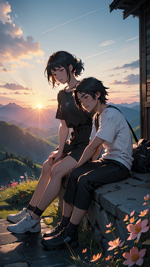 a beautiful mountain, a boy and girl sitting on the mountain watching the sunset, mountains, flowers, sunset, sunny, couple, short clothes, moody color, anime style,