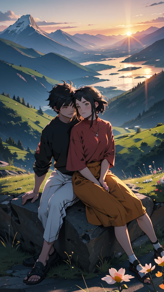 a beautiful mountain, a boy and girl sitting on the mountain watching the sunset, mountains, flowers, sunset, sunny, couple, short clothes, moody color, anime style,