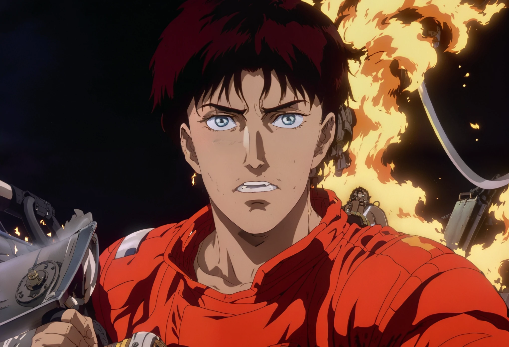 A scene from the anime, (Highest quality,Very detailed),(Realistic:1.37), male, youth, 90s anime, whole body, Low angle from below, Fighting Fire, Fire hose, Firefighter, Handsome fine face,Sharp eyes,Beautiful lip detail,amazing, Dynamic pose cool,White Background,Stylish hairstyle,expressive face,Vibrant colors,Confident attitude, haircut,Bumps on the face,blue eyes, Sports Anatomy,Dramatic lighting,A spirited expression,