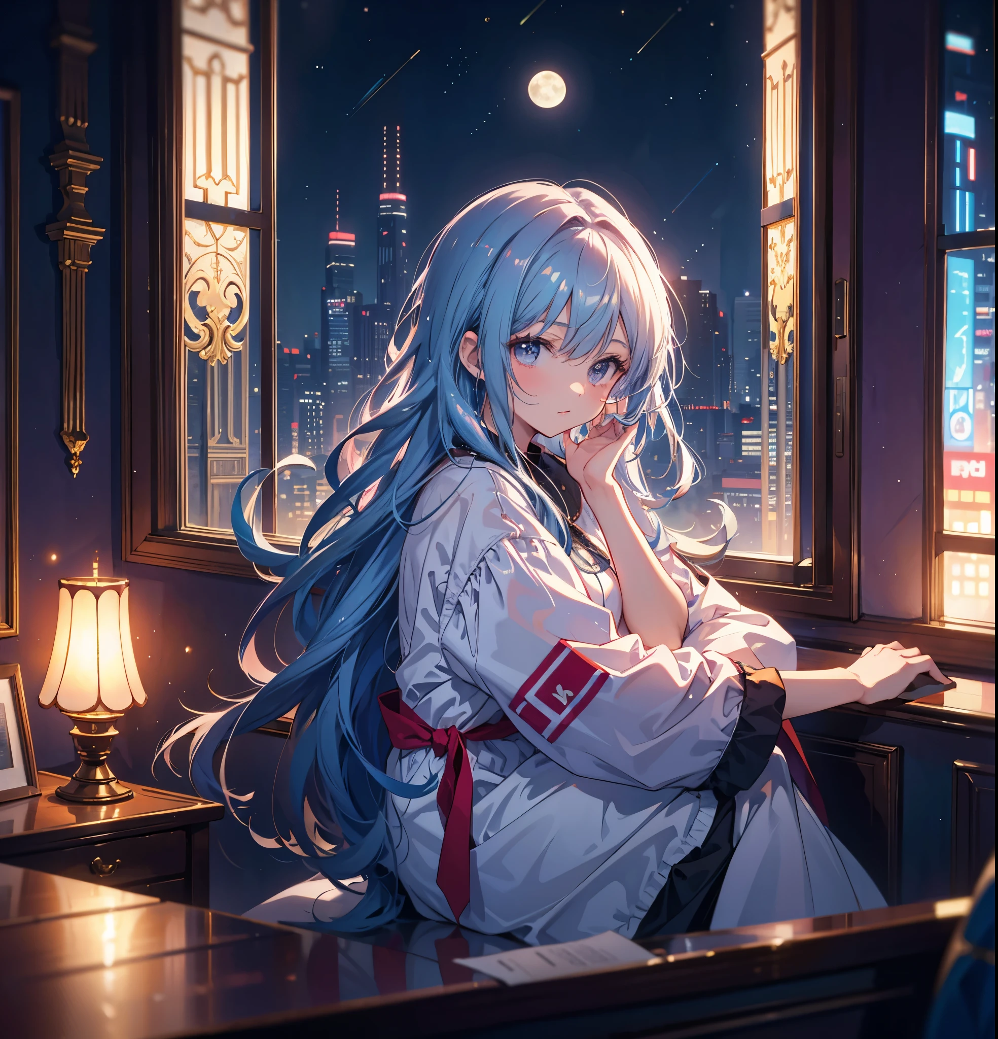 (masterpiece,Highest quality, Very detailed, beautiful, Exquisite, 16K, Full HD),girl1人, 90s anime style, night, Studio Room, moon, girl, late night room, Listening to music alone, City Pop, low quality, Lo-Fi, Chill, late night, Single room, Dark Room, futuristic night view outside the window, Dark Room