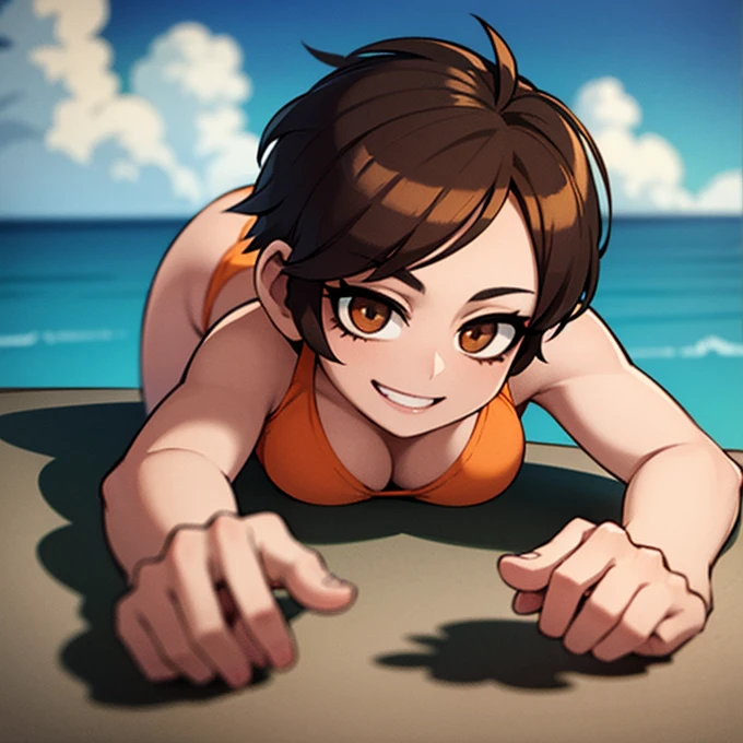Girl, short brown hair, Brown eyes, Height 1.70, that is smiling, medium breasts, medium rear, that she is wearing an orange bikini and that she is lying face down sunbathing