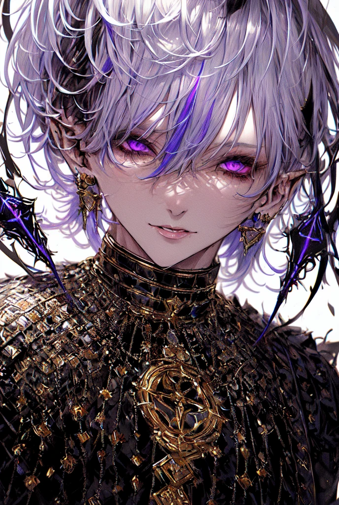 (masterpiece, best quality, ultra-detailed, best shadow), (detailed background,dark fantasy), (handsome detailed face), high contrast, (best illumination, an extremely delicate and beautiful), ((cinematic light)), colorful, hyper detail, dramatic light, intricate details, (1male, solo,white hair, sharp face,purple eyes, hair between eyes,dynamic angle), blood splatter, swirling black light around the character, depth of field,black light particles,(broken glass),magic circle,