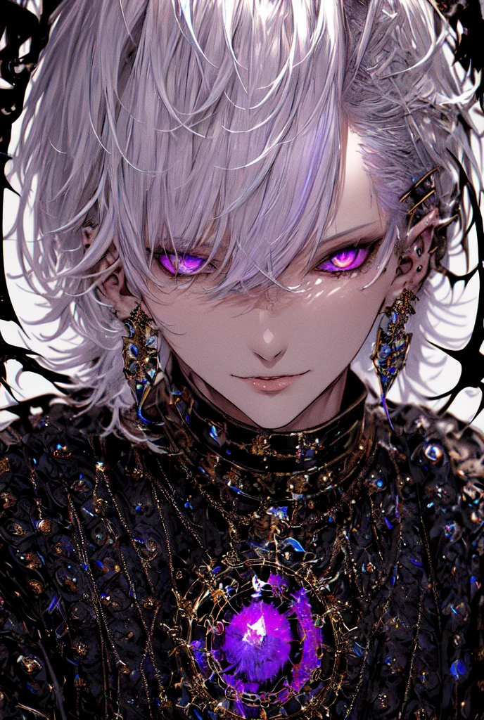 (masterpiece, best quality, ultra-detailed, best shadow), (detailed background,dark fantasy), (handsome detailed face), high contrast, (best illumination, an extremely delicate and beautiful), ((cinematic light)), colorful, hyper detail, dramatic light, intricate details, (1male, solo,white hair, sharp face,purple eyes, hair between eyes,dynamic angle), blood splatter, swirling black light around the character, depth of field,black light particles,(broken glass),magic circle,