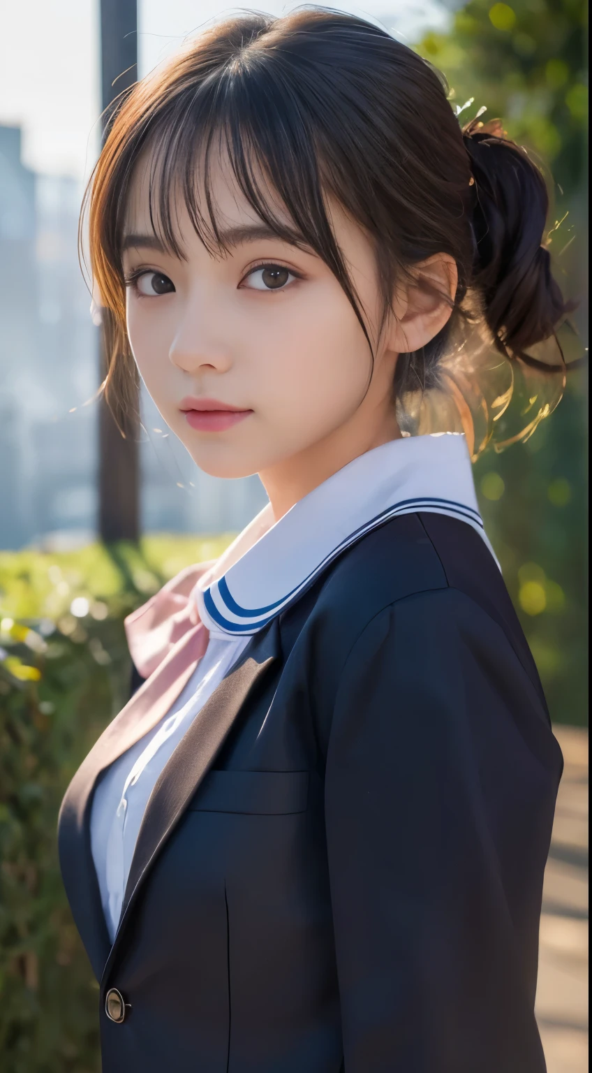 (Highest quality、8k、32K、masterpiece:1.3)、Ultra-high resolution,(Photorealistic:1.4),RAW Photos, Detailed face,,Beautiful Hair, Very short hair、Amazingly beautiful double eyelids、Natural Makeup, Small and perfect breasts, Wet Hair、Detailed Background, Perfect lighting, Depth of the Boundary, Beautiful shadow gradation、(whole body)、((school uniform))、Very wet body、Beautiful slim perfect body、Beautiful high nose、Innocent Face、Cute face