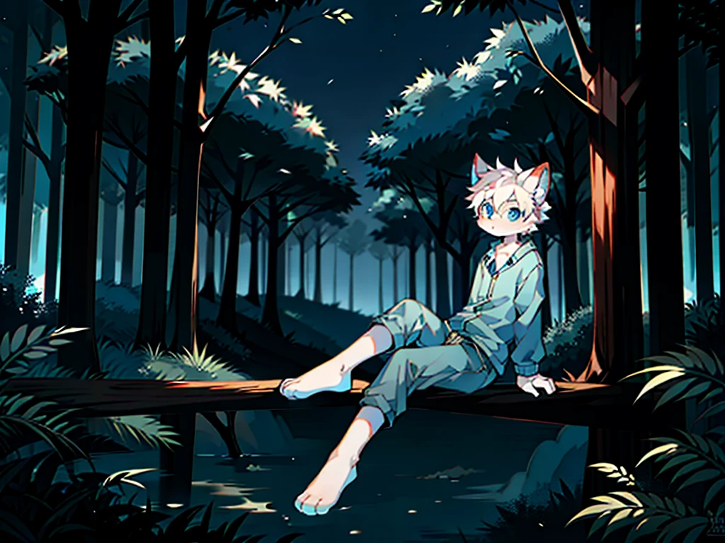 furry， cat boy，（White hair），（Dark gray skin），blue eyes，Sitting in the forest at night，（（Wear short white socks）），Light blue pajamas and shorts，The only person，high quality