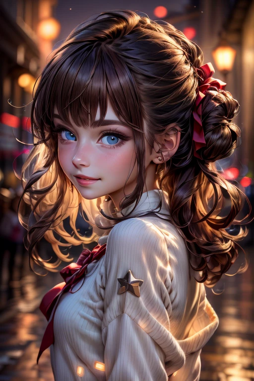 (extremely delicate and beautiful:1.2),1girl, bangs, blue eyes, blurry, blurry background, bow, brown hair, closed mouth, from side, hair between eyes, hair bow, lantern, light particles, long sleeves, looking at viewer, medium hair, night, red bow, solo, star \(symbol\), upper body,smile,red lips