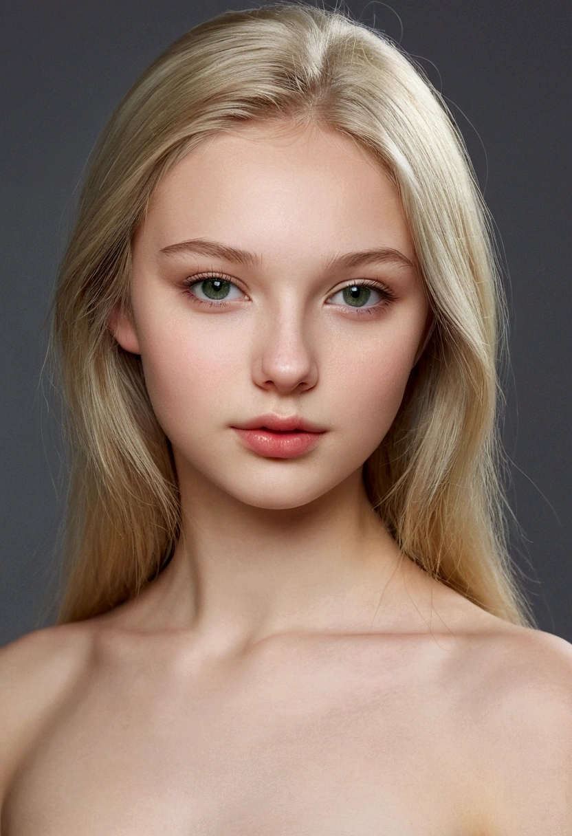 hyperrealistic, 18-year-old girl, Russian, blonde, green-grey eyes, transparente white skin, small lips, round nose, thin face. realistic, long legs, sexy photo, bare shoulder, sexy, medium breasts, nude