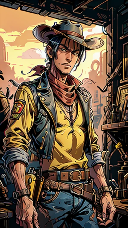 (1man, Lucky luke, yellow top, black jacket, jean, cowboy hat, red bandana), (extremely detailed CG unit 8k wallpaper),(master part), (best quality), (ultra detail), (best illustration),(melhor ombre), cowboy shot, (Sharp eyeliner, ombre, detail eyes:1), dieselpunk  style wild west saloon interiors background, ,break , (dieselpunkai), upper body, short hair, black hair