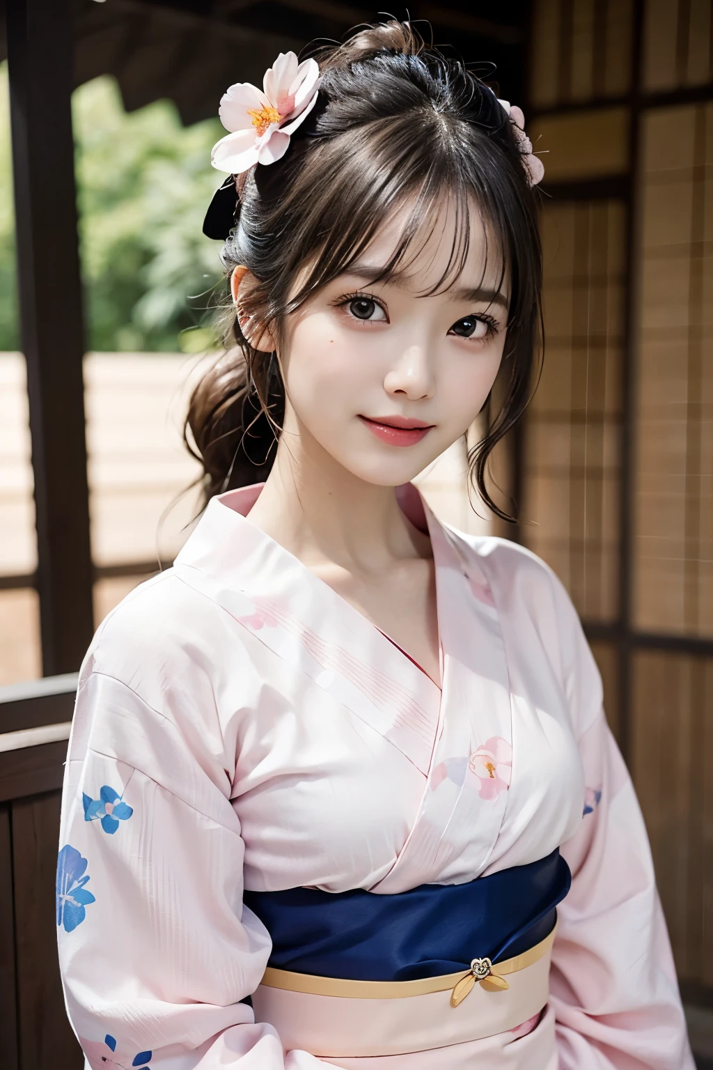 (One young girl)、Very cute face、Great face and eyes、(Highly detailed eyes、Highly detailed face)、Fresh、Very beautiful appearance、(超Realistic、High resolution)、(Highest quality:1.4)、Raw photo、(Realistic、Photorealistic:1.37)、Professional photos、(Pale pink floral yukata:1.5)、(Open yukata)、(Cleavage:1.2)、(Exposed shoulders)、Smile slightly、(Staring at me)、Bedroom、Girl portrait、