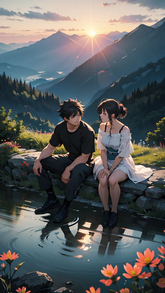 a beautiful home, a boy and girl sitting on the mountain watching the sunset, mountains, flowers, sunset, sunny, couple, short clothes, moody color, anime style,