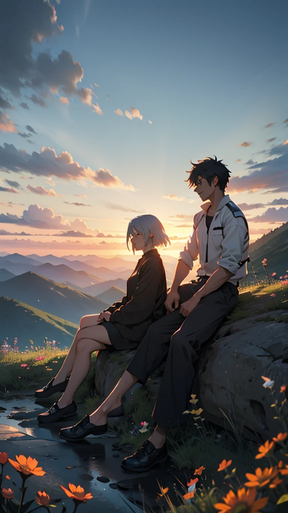 a beautiful home, a boy and girl sitting on the mountain watching the sunset, mountains, flowers, sunset, sunny, couple, short clothes, moody color, anime style,