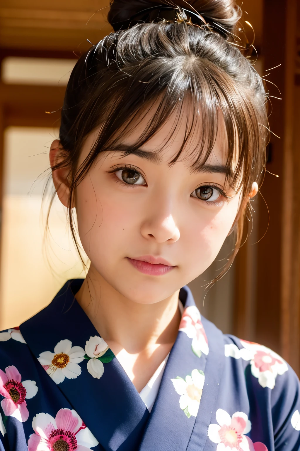 Highest quality, Face Focus, Soft Light, Ultra-high resolution, (Realistic:1.4), RAW Photos, 1 Japanese girl, alone, cute, (A shy smile:0.5), (Brown eyes, Light in your eyes), Beautiful face in every detail, (Small box),(High resolution detail of human skin texture), (Bun Hair), BREAK, In the classroom,Navy uniform, Floral Yukata、shrine、night、Summer festival、cute smile、Big eyes、Droopy eyes