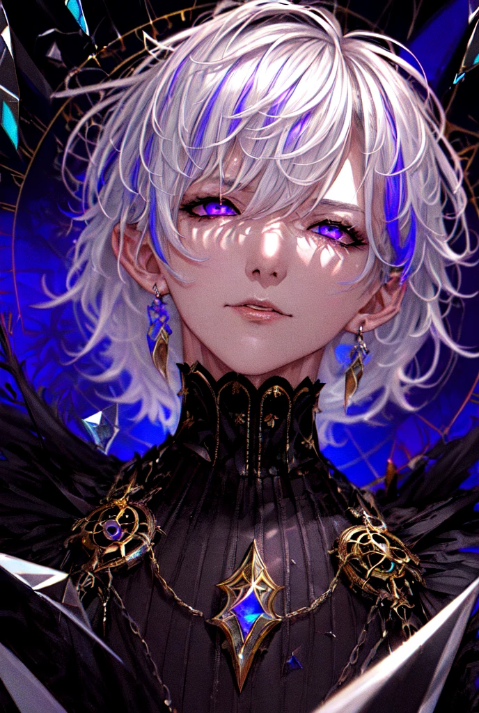 (masterpiece, best quality, ultra-detailed, best shadow), (detailed background,dark fantasy), (handsome detailed face), high contrast, (best illumination, an extremely delicate and beautiful), ((cinematic light)), colorful, hyper detail, dramatic light, intricate details, (1male, solo,white hair, sharp face,purple eyes, hair between eyes,dynamic angle), blood splatter, swirling black light around the character, depth of field,black light particles,(broken glass),magic circle,