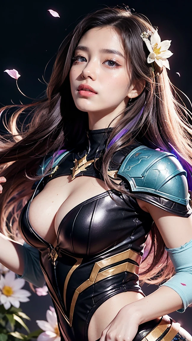 Illustrate Elise from League of Legends in her Death Lavender skin, with vibrant, floral-themed armor and petals cascading around her. Capture the moment she uses her Neurotoxin ability in human form, launching a venomous spell at her enemies, with blooming flowers intertwining with the poison