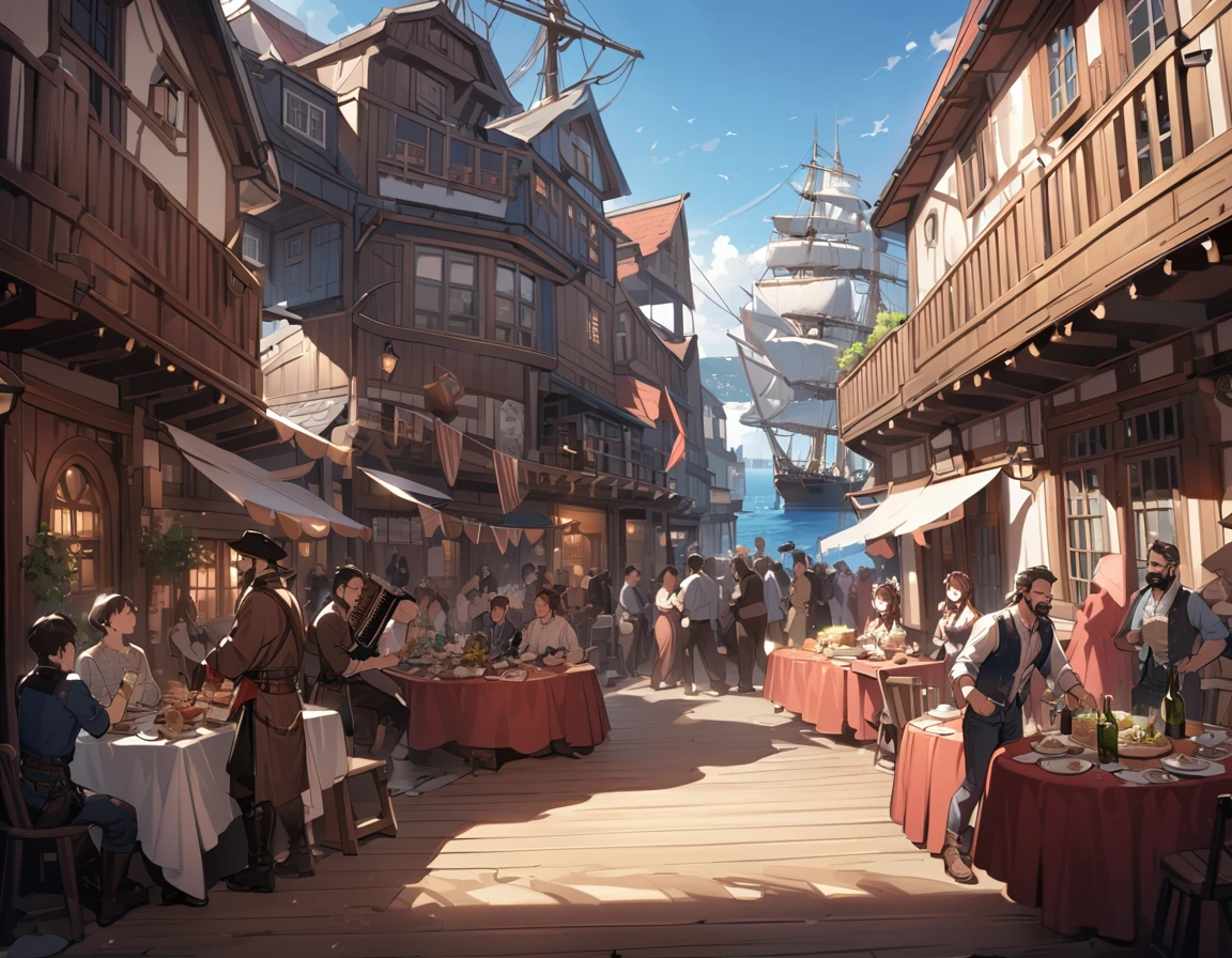 Wide Shot,The best move,Highest quality,(masterpiece:1.1576),(Ultra-detailed 8K art:1.05),(crew member,Ocean賊,Dark Skin,middle aged,bar:1.25),noon,(blue sky,Ocean),male, deck, (On deck,Ocean賊船),Vibrant, fun,Laughter,Smile Break Western,(banquet,crowd,Port town:1.25),Ships, crew, Dirty clothes, tattoo, Old Wounds,beard,Drunk, Wine bottle,Front open shirt, blush,boots,Rolling Wine bottles, Messy,Long trousers,(Multiple chickens),maleのダンス, Stand and drink alcohol,The music band livens up the event,(accordion,Barrel)