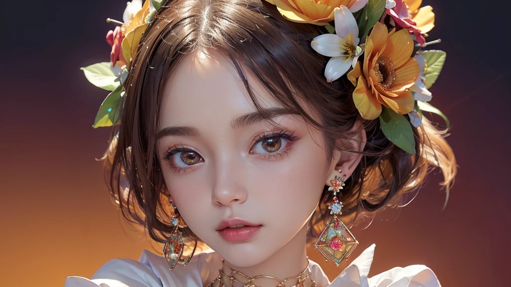32K, 最高quality, 最高masterpiece, (ultra-Detailed Background, Detailed Background), High resolution, Super detailed, Very detailedな, One girl, (bouquet:1.3), (Tangled:1.2), (Geometric:1.2),(colorful),(masterpiece, quality, best quality, Official Art, Beautiful and beautiful:1.2), (1 girl:1.3), Very detailed,(colorful:1.1)(Flowers:1.3),Most detailed,(Tangled:1.2), whole body, (Abstract background:1.3), (Skin glows), (Many colors:1.4), ,(Earrings Jewelry:1.5), Pale Red Background,