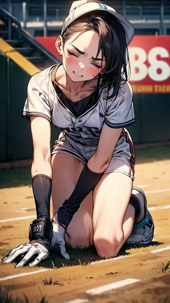 {{masterpiece}}, {{{Highest quality}}},{{Very detailed}},1girl,30years old,{Mature Woman}},{{A loose-fitting white short-sleeved baseball uniform:1.4}} ,Grit your teeth,{{knee protector:1.4}},{{Knee pads:1.4}},from side,full body,furrow one's brow ,{{one eye closed}},{{all fours}},{{On all fours},Cowboy Shot,{{Small breasts}},Small face,{{Elegant female baseball player}},,White shorts,Baseball cap,Beautiful feet ,clavicle,Gloves, Thighs,{{v-shaped eyebrows}},Bad mood,blush、Sweat ,Black Hair, On the grass of a baseball field