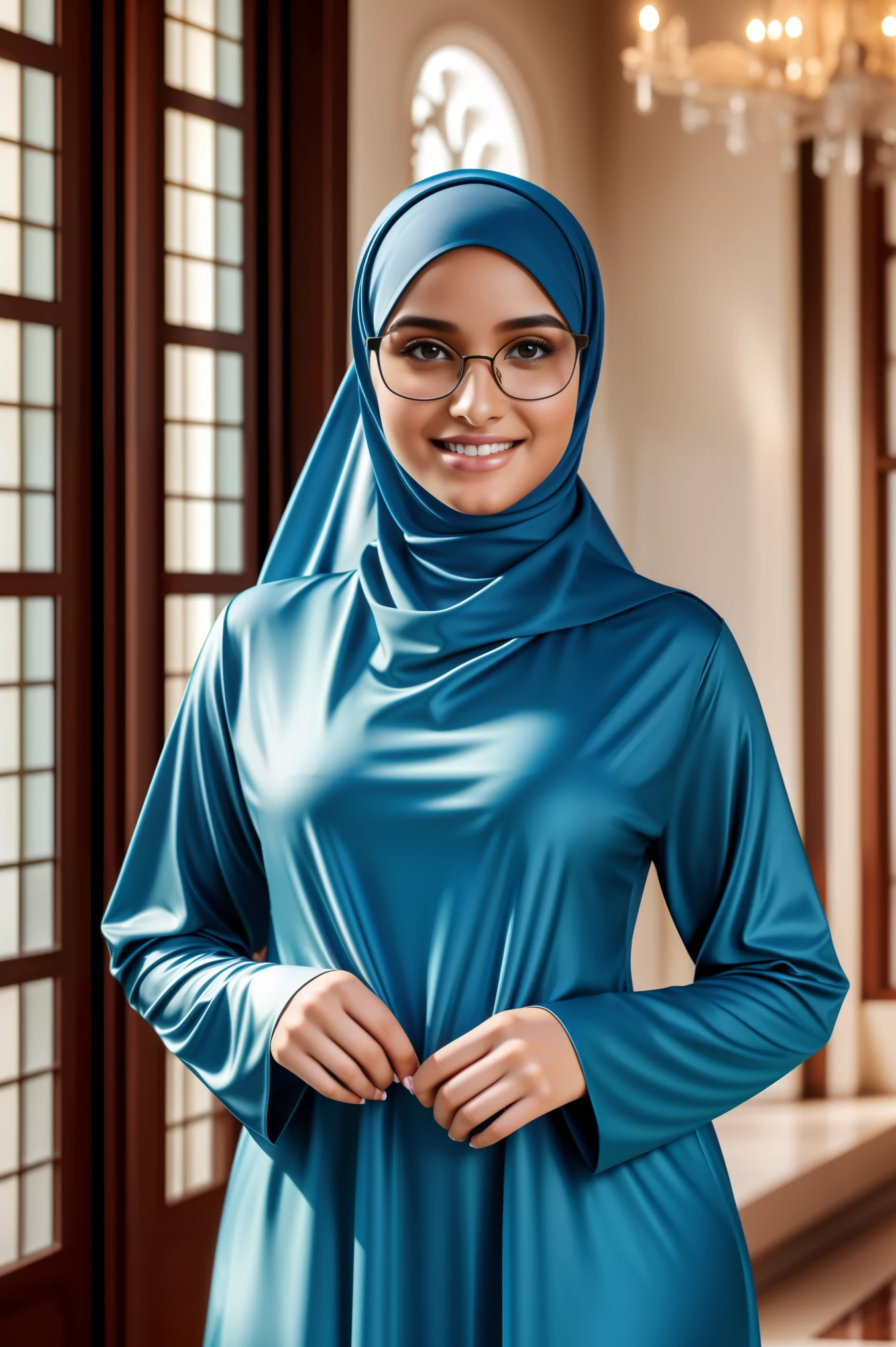 Ultra-realistic 16k image of a girl wearing a modest, non-revealing Islamic hijab and loose-fitting clothes. She has a perfect face, hands, and body with ultra-detailed hair. The girl is wearing glasses with a perfect fit and a perfect smile. She is posing for a photo inside a luxurious mansion with an ultra-realistic background. The image includes ultra-realistic particles and shows a full body shot where no body shape is visible. The girl has perfect duck lips and the image is a non-revealing full-body shot.