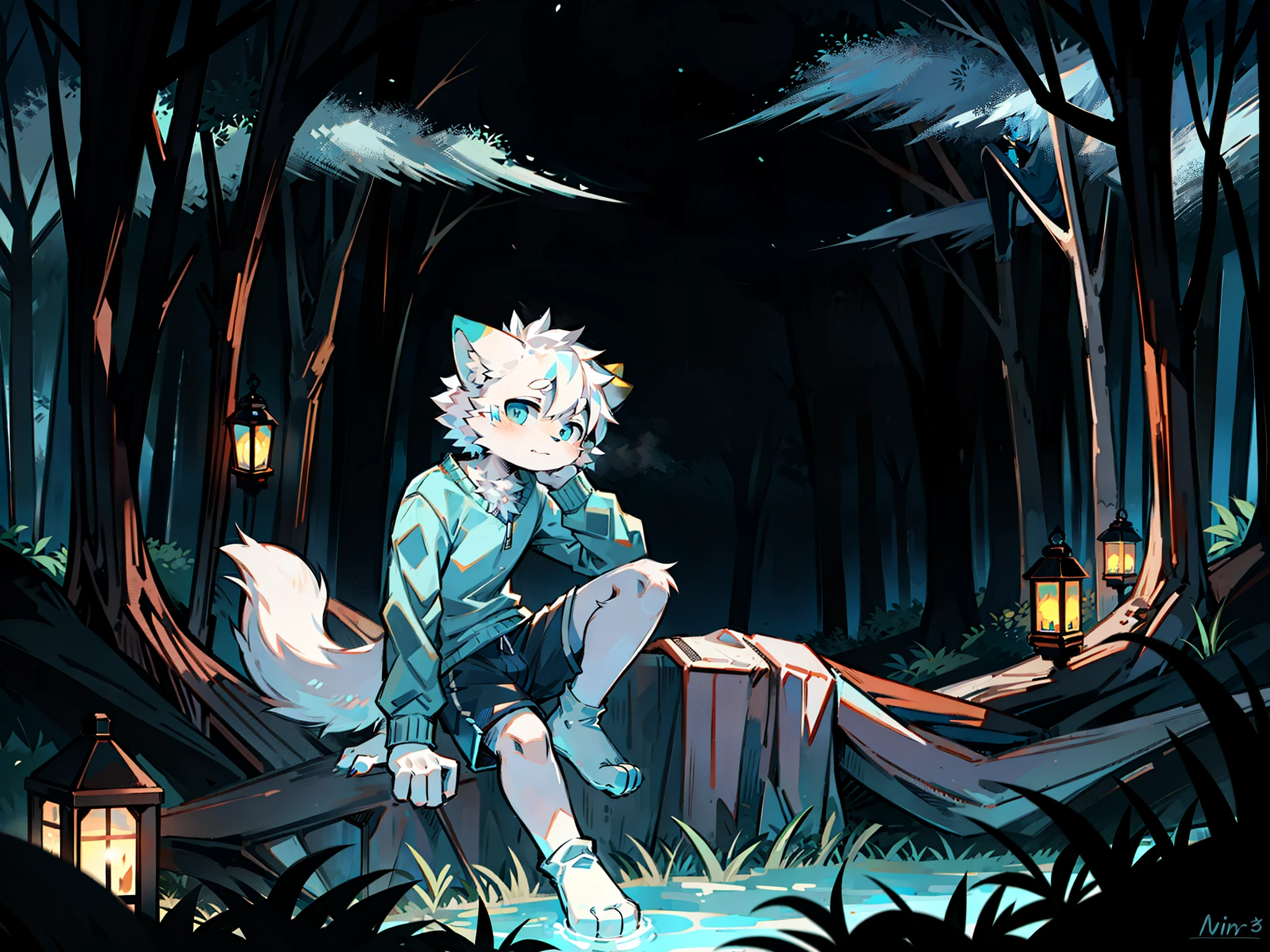 furry, cat boy,(White hair),(Dark gray skin),blue eyes,Sitting in the forest at night,((Wear short white socks)),Light blue pajamas and shorts,The only person,high quality
