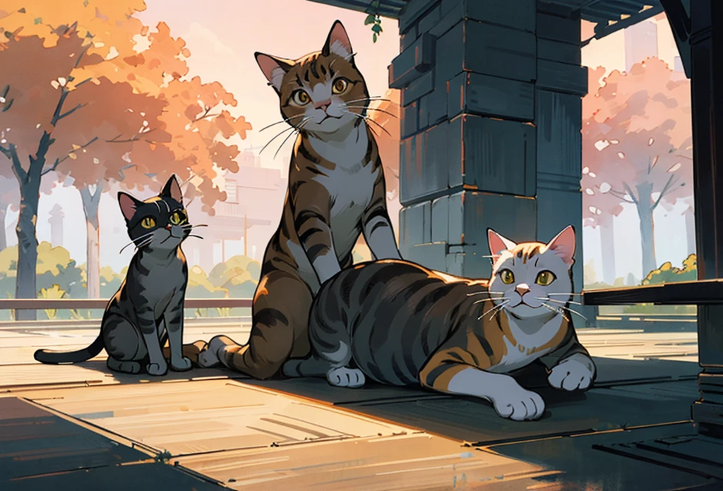 The image shows three cats in a natural outdoor environment, with foliage and trees in the background.
Cat on the left: It is white with brown and black markings, is on the floor looking up.
Cat in the middle: It's black with white paws and it's hanging from a tree branch., lying down Cat on the right: It has a mix of light brown and cream colors, is also on the floor looking at the black cat. This cat has a little green frog on its head.
Soft lighting suggests it could be dawn or dusk.